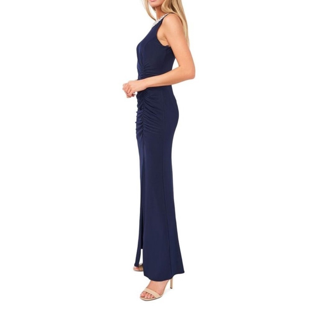 MSK Pearl Beaded Neck Size 10 Navy Blue Front Slit Full Length Gown Dress - Picture 3 of 7